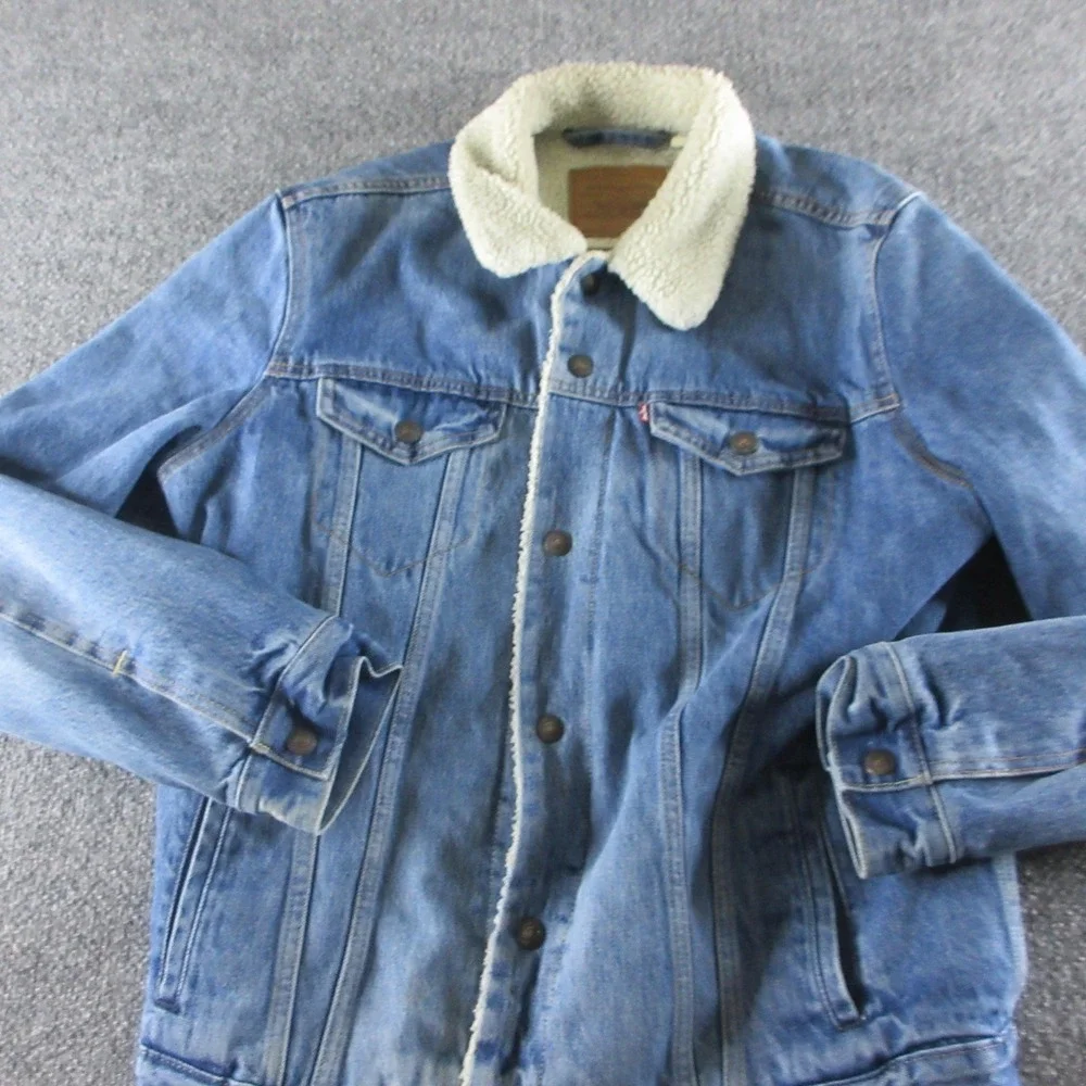 Levis Jacket Mens L Blue Denim Sherpa Lined Trucker Faux Fur Collar Warm Winter